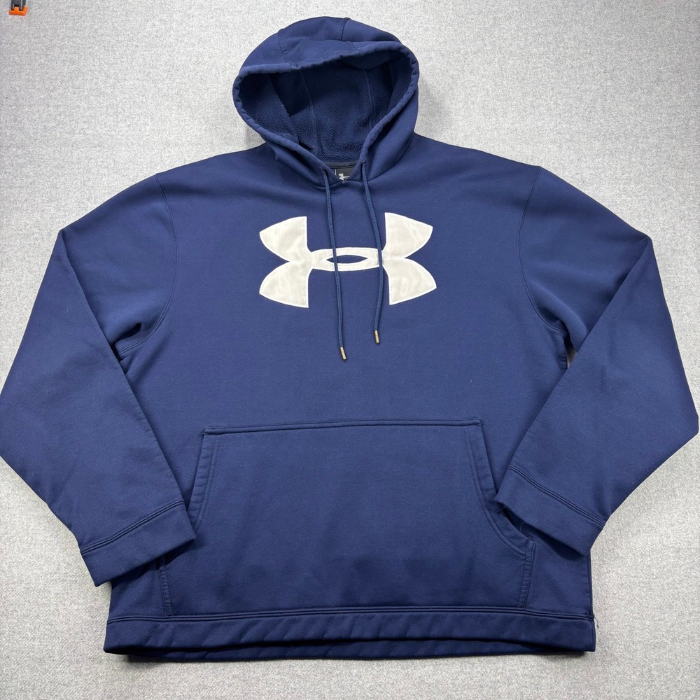 Under Armour Fleece Hoodie Mens Medium Navy Blue Pullover Sweatshirt Embroidered